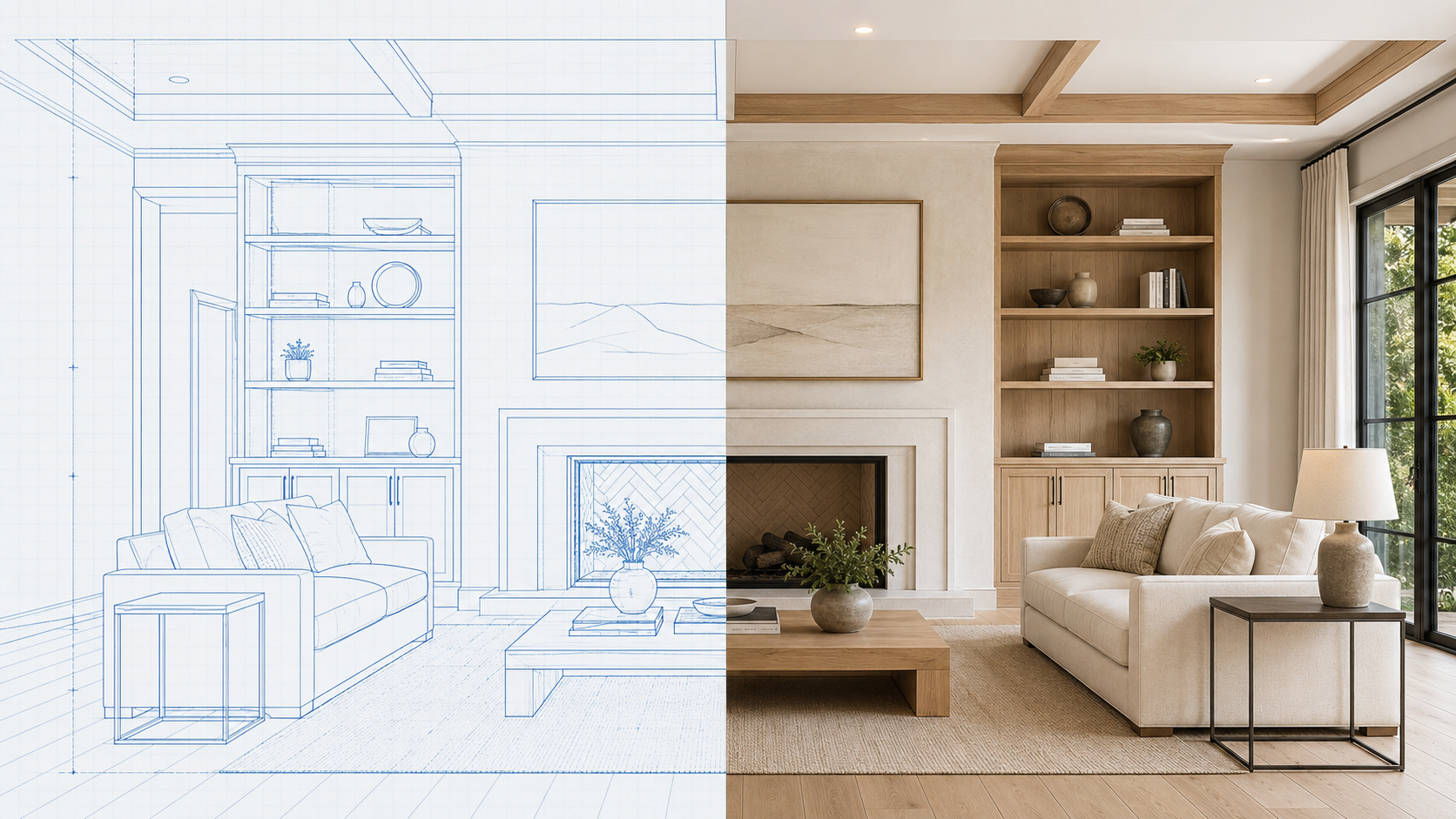 The same living room shown first as an architectural blueprint and then as a finished photorealistic HomeStageHub rendering