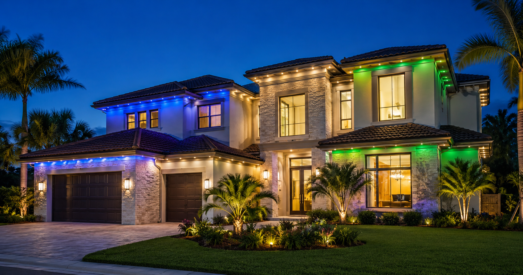 Modern Florida home with permanent customizable roofline lighting at night