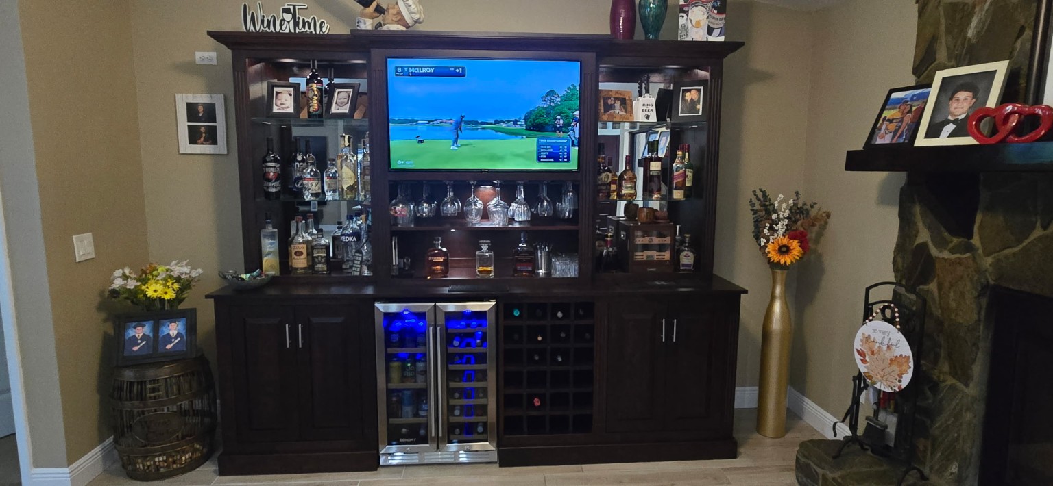 Completed custom built-in home bar installed in the customer’s house