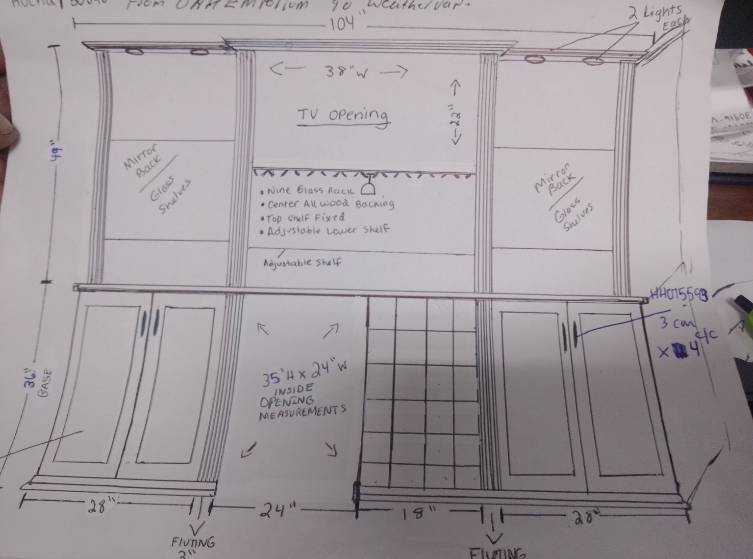 Customer’s original hand-drawn plan for a custom built-in home bar